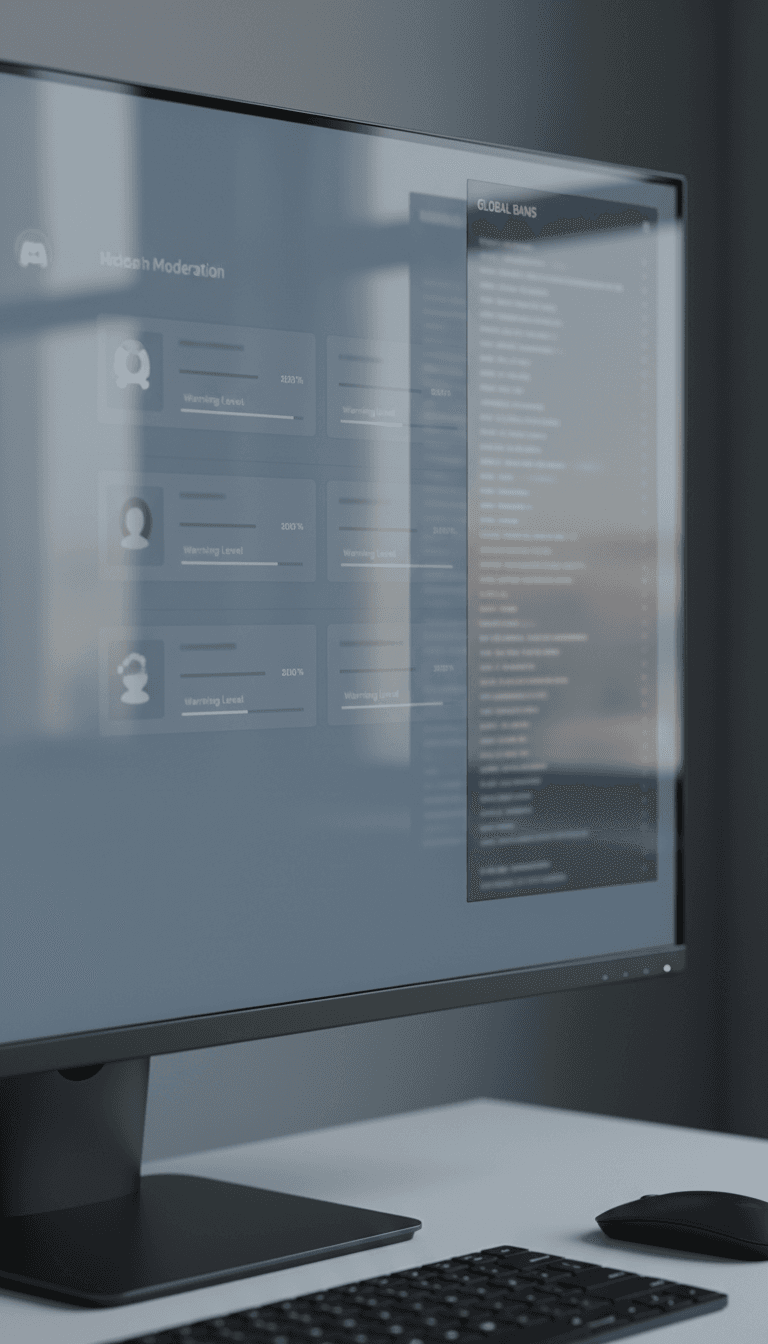 Discord moderation interface on a monitor with a global ban list panel open