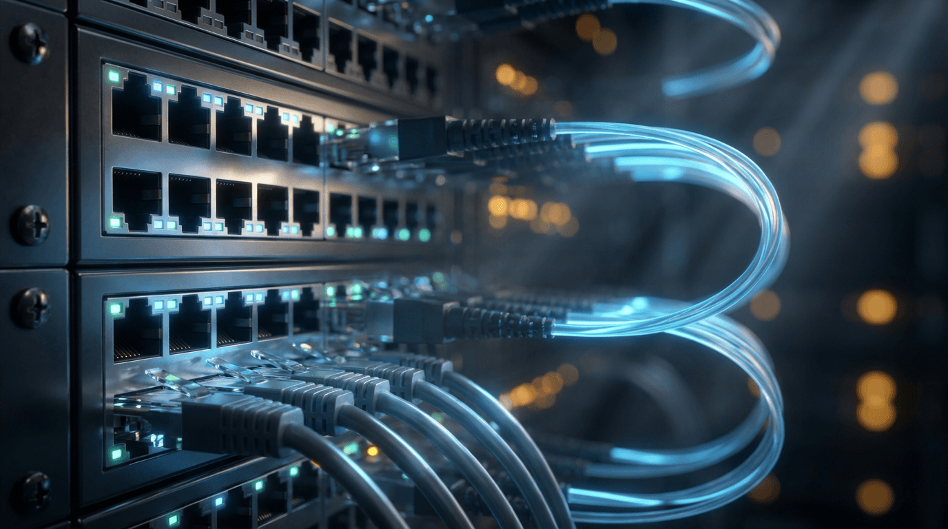 Server rack with blinking lights in a data center