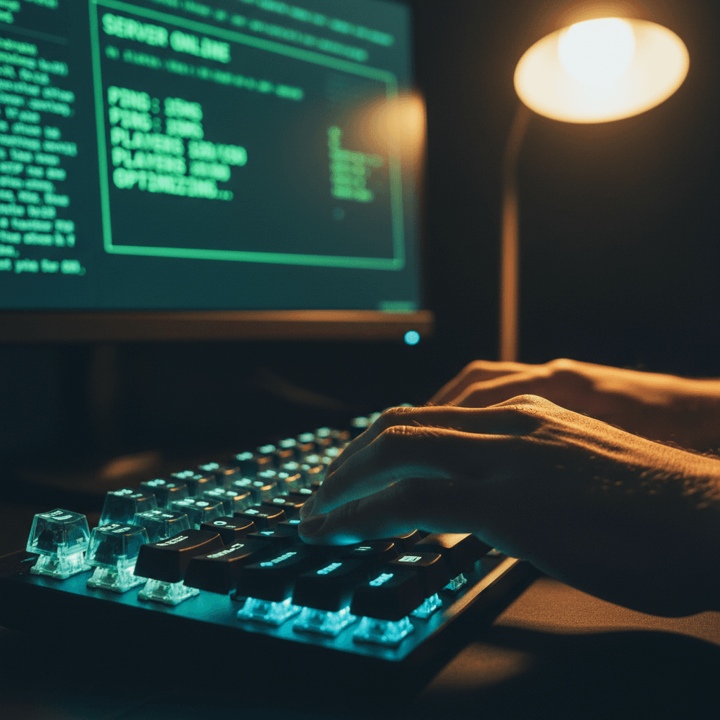 Hands typing on keyboard in dim light
