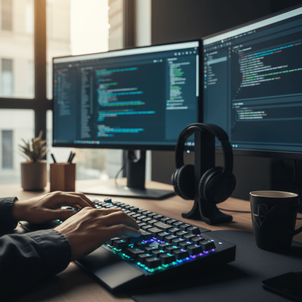 Hands on a mechanical keyboard with a Discord screen