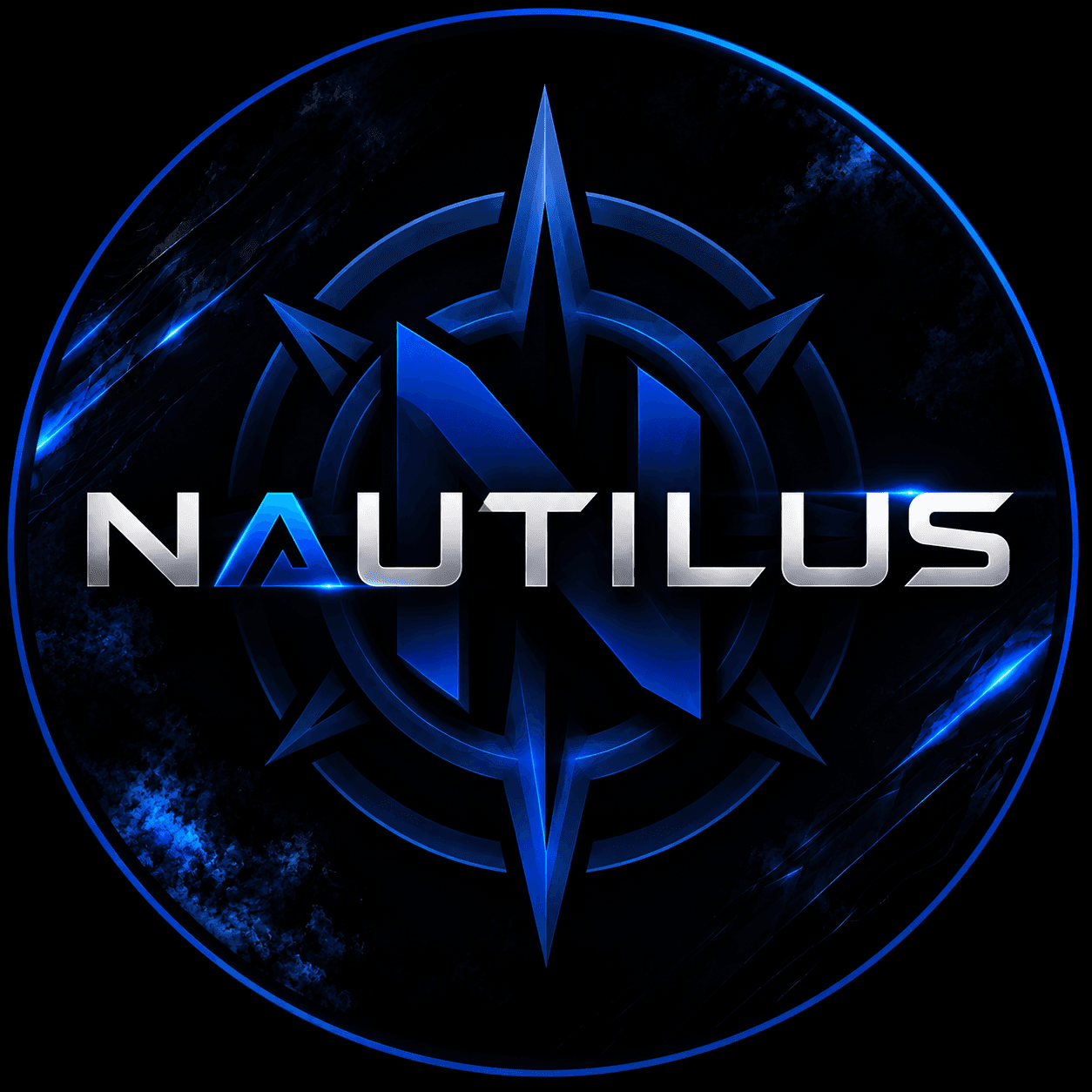 Futuristic Nautilus logo featuring silver metallic text over a glowing blue compass rose emblem.