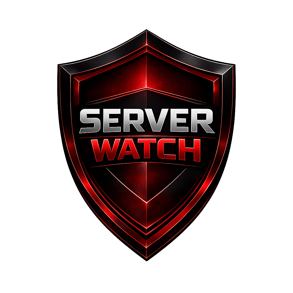 Metallic black and red shield emblem with bold 'SERVER WATCH' text in silver and red.