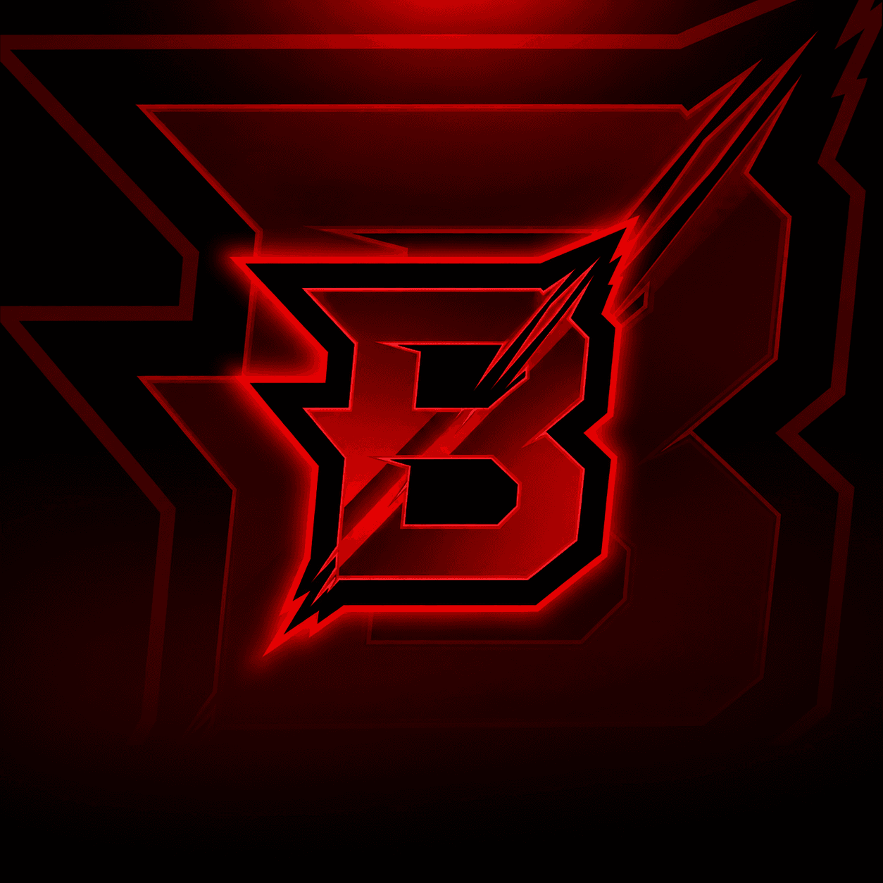 Sharp, glowing red and black letter B logo designed in an aggressive esports style.